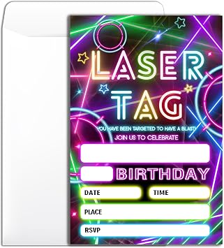 Laser Tag Birthday Party Invitation 20 Glow Laser Tag Theme Party Neon Party Birthday Invitation With Envelopes for Boys Girls Party Invite Cards -46 inch-B014