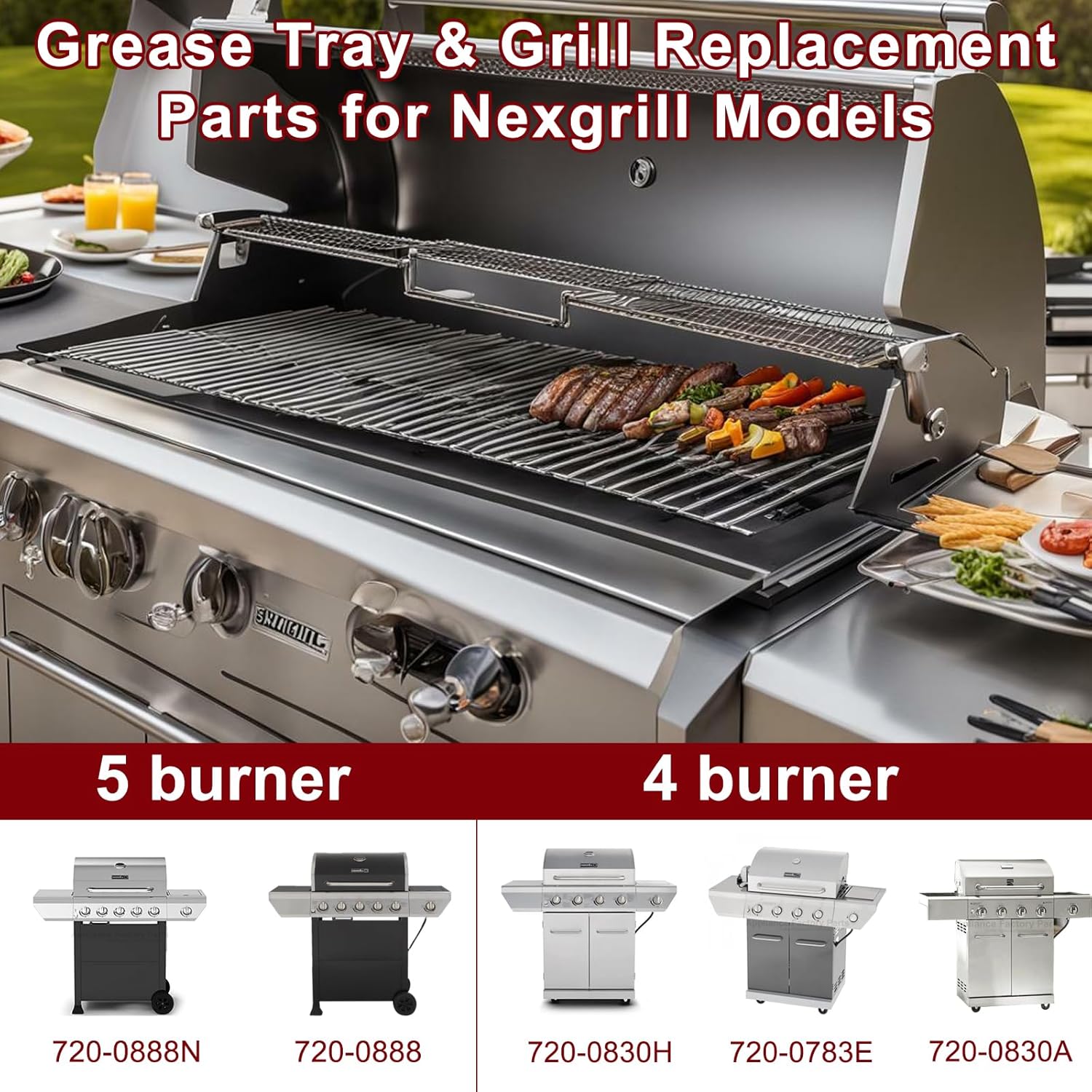 Hiorucet Grill Parts for Nexgrill 5 Burner 720-0888N 720-0888, 720-0830H 720-0783E 720-0830A, Grease Tray Grates Grill Grates Heat Plates Burners Igniters for Nexgrill 720-0888N Replacement Parts