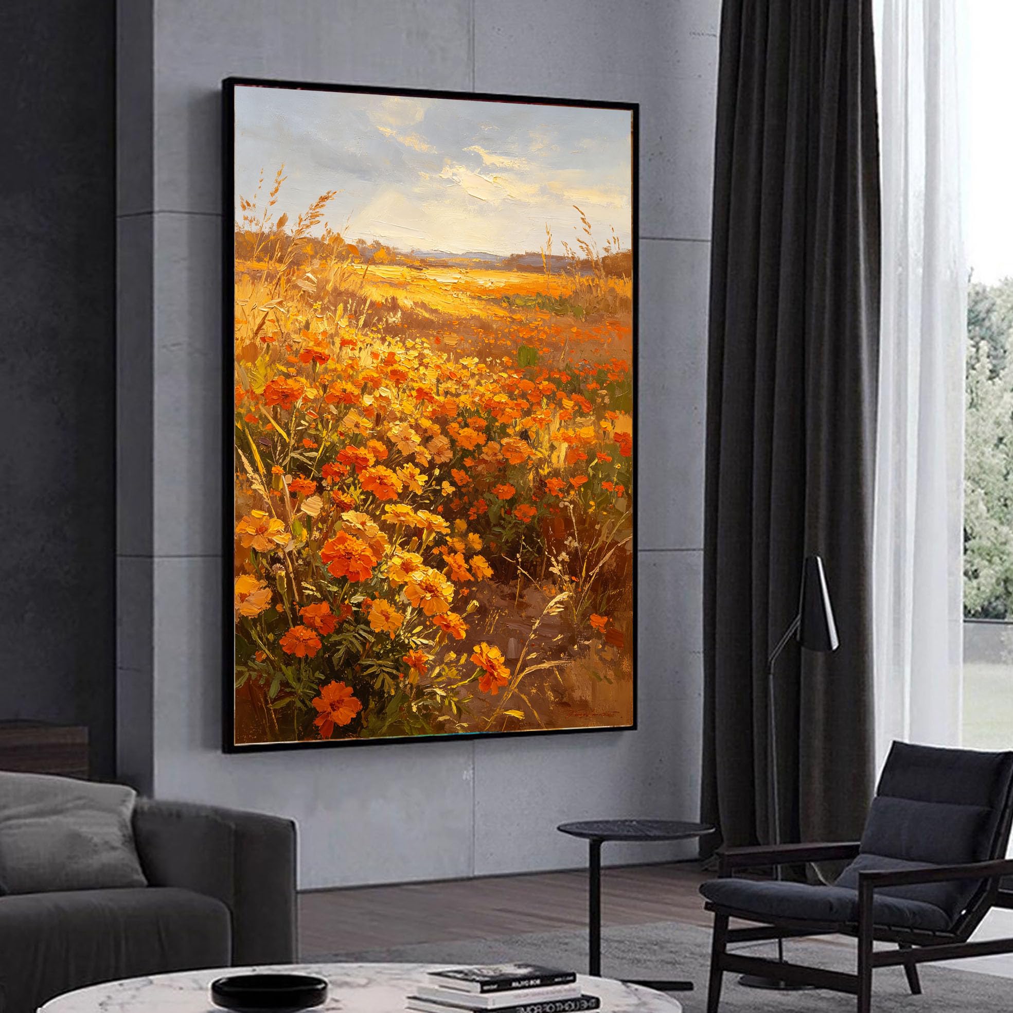 LCDIUDIU Dipinto Ad Olio Su Tela, Paesaggio Materico Dipinto A Mano, Senza Cornice, Autunnale, Fiori Selvatici, Prato Dorato, Tramonto, Opera D'Arte Rurale E Pastorale per La Decorazione Della Casa