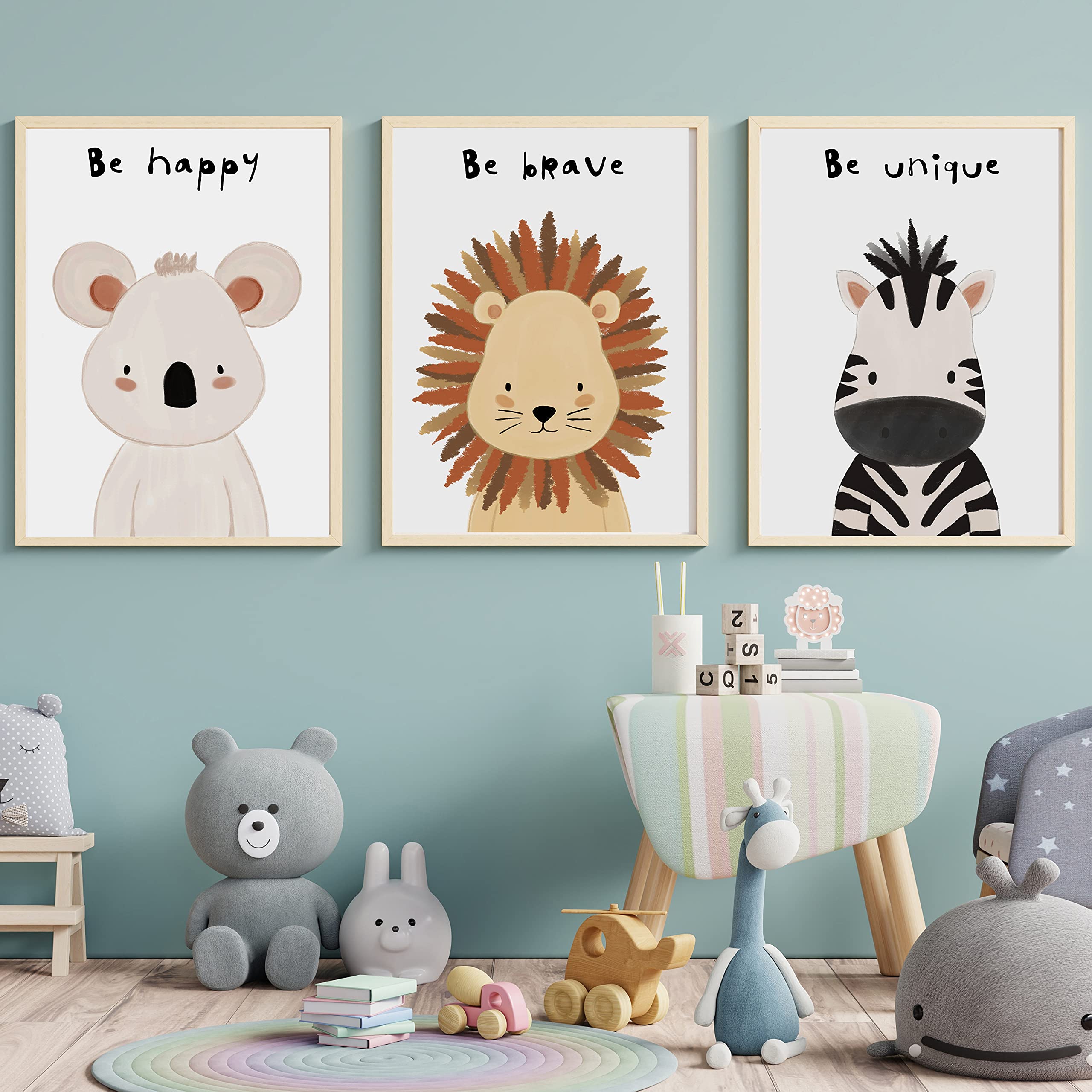PICSonPAPER - Poster per bambini, 4 pezzi, con cornice, formato DIN A4, formato verticale, decorazione per la cameretta dei bambini, in stile scandinavo, poster con cornice (con Ikea FISKBO bianco