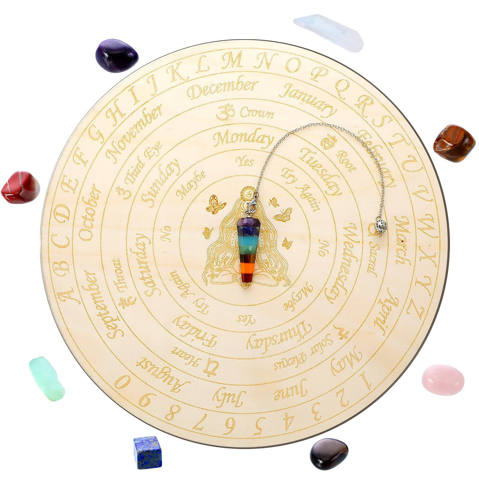 Photo 1 of Chakra Pendulum Board Butterfly Pendulum Board Wooden Pendulum Board Witchcraft Pendulum Board with 1 Tapered Chakra Pendant Chain and 8 Pieces Chakra Stones for Wiccan Altar Witchcraft Supplies Kit