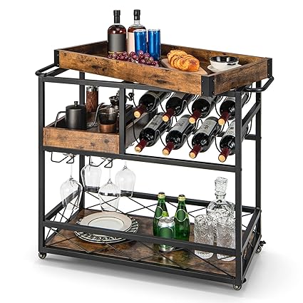 Giantex Home Bar Serving Cart, 3-Tier Rolling Bar Cart with Removable Tray, Wine Rack & Glass Holder, Liquor Wine Cart with Handles & Universal Casters for Kitchen, Dining Room, Bar, Rustic Brown