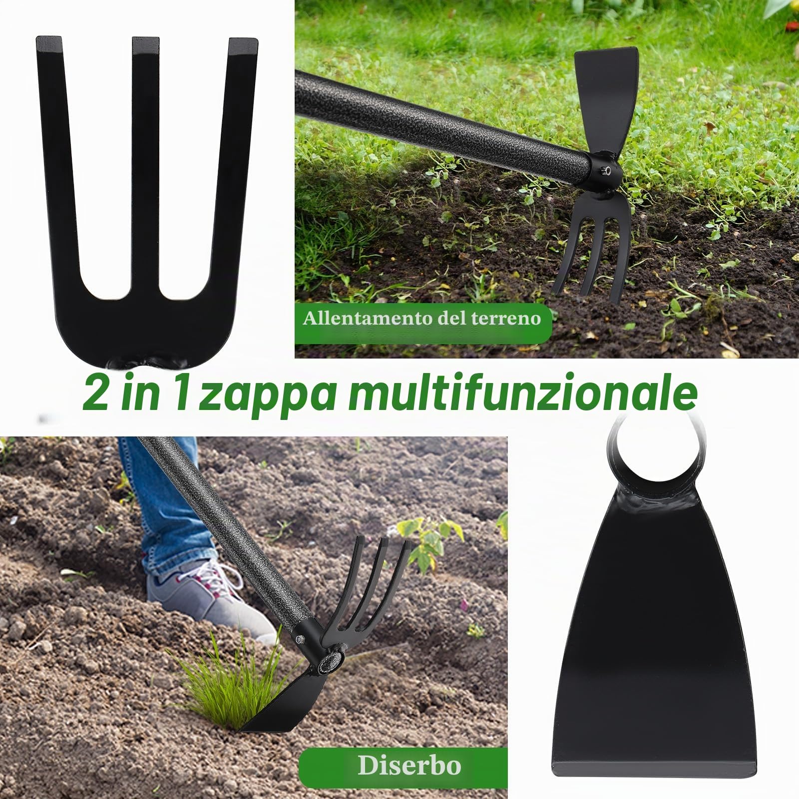 Harrms Zappa da giardino con manico 76 cm, doppia zappa multifunzione con 3 denti in metallo, per allentare, ventilare e diserbare il terreno