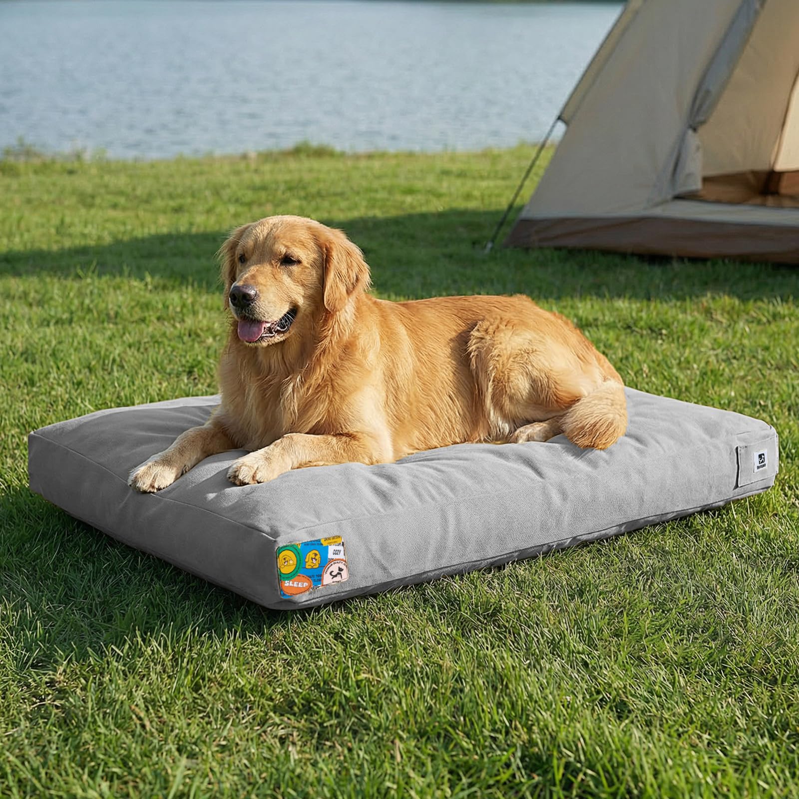 Sytopia 42 Inch Canvas Indestructible Outdoor Dog Bed for Extra Large Dogs, Waterproof Washable Removable Cover, Indoor Patio Pet Pad for Crate, Light Grey