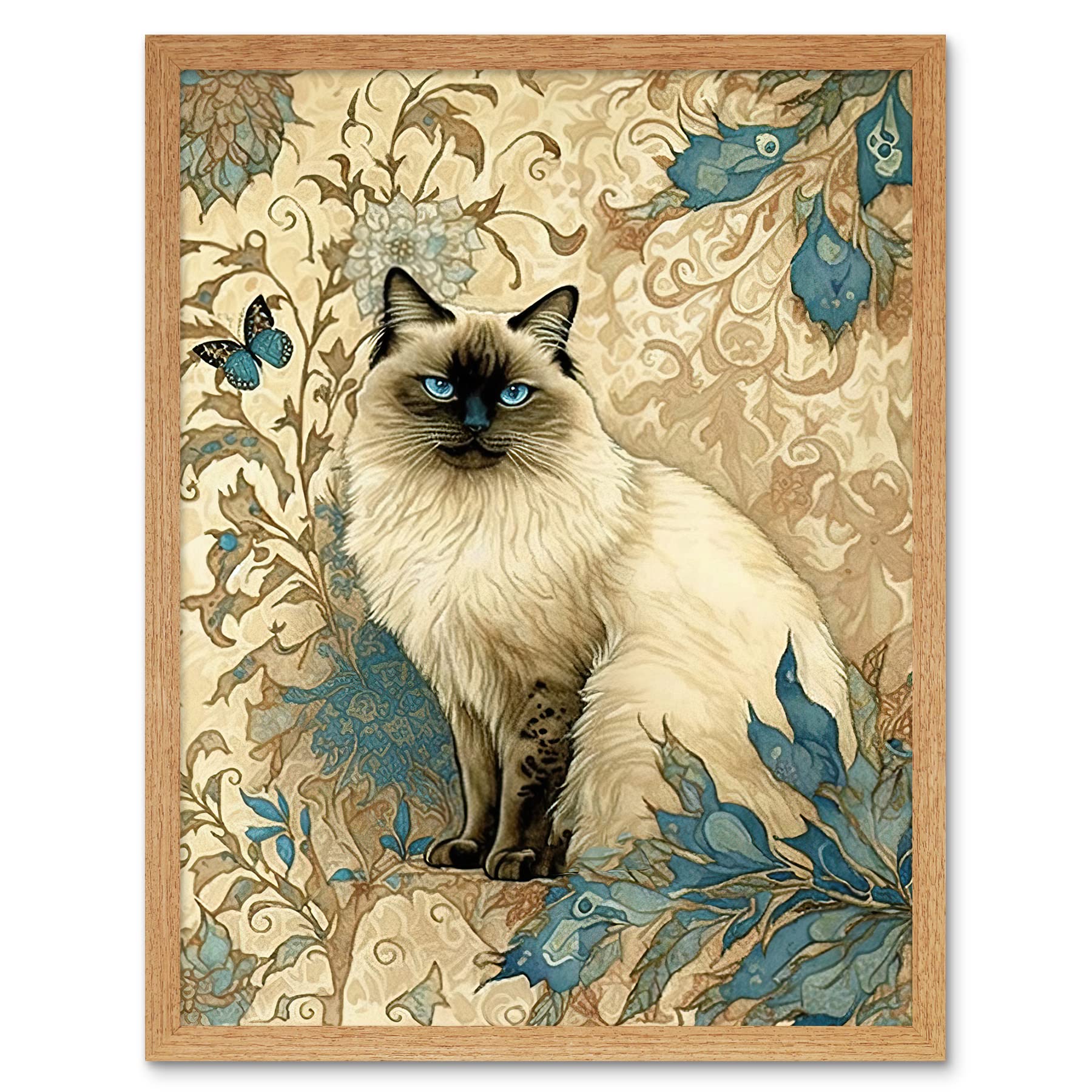 Artery8 Blue Point Ragdoll Cat with Teal Plants Art Nouveau Watercolour Illustration Art Print Framed Poster Wall Decor 12x16 inch