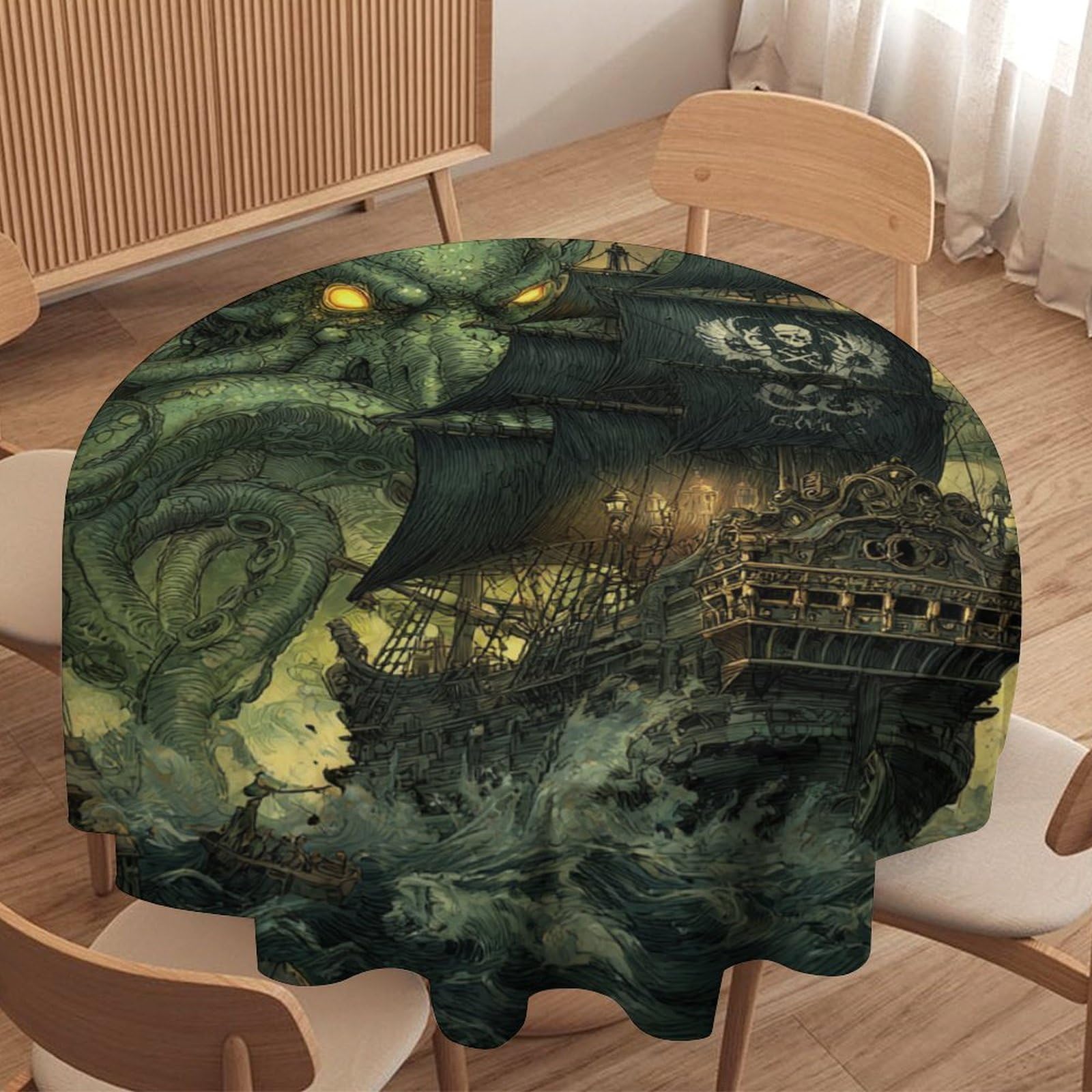 Luyysky Fantasy Rustic Sea Octopus Round Tablecloth Nautical Viking Animal Octopus Pirate Ship Skeleton Skull Washable Decor For Table Cover For Kitchen-127 Wx127 L Cm