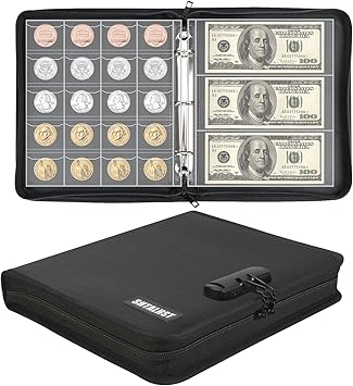 Coin Collection Book Supplies with Lock, Fireproof Money Collecting Album for Collector, 520 Coin Sleeve & 36 Currency Sleeve, Coin Holder for Collector, Collecting Supplies for Bill, Pennies,Quarters