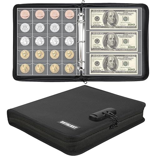 Coin Collection Book Supplies with Lock, Fireproof Money Collecting Album for Collector, 520 Coin Sleeve & 36 Currency Sleeve, Coin Holder for Collector, Collecting Supplies for Bill, Pennies,Quarters