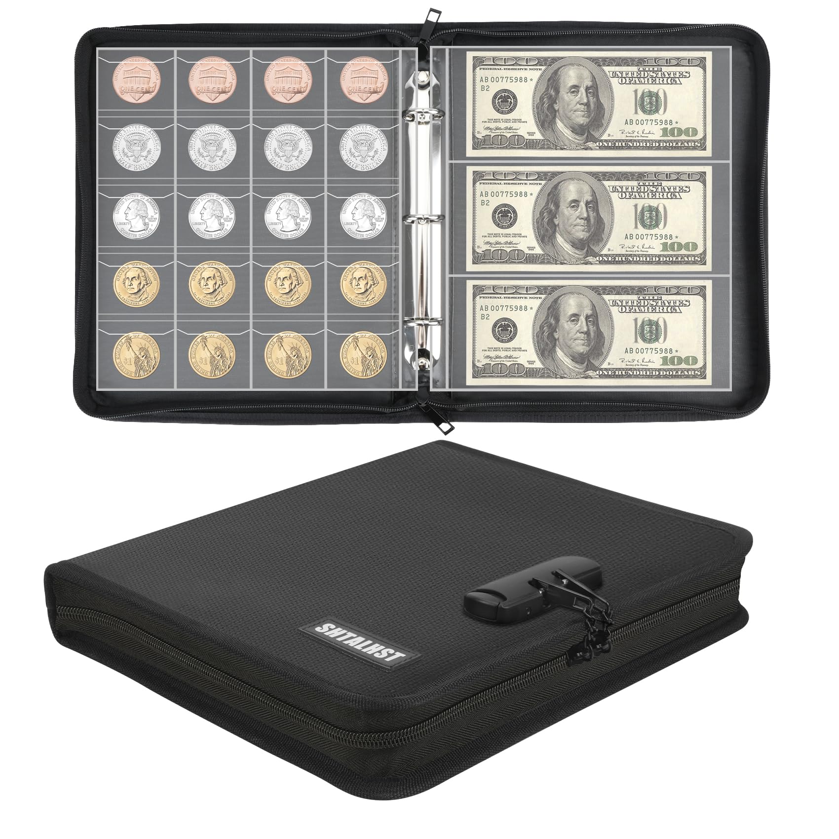 Coin Collection Book Supplies with Lock, Fireproof Money Collecting Album for Collector, 520 Coin Sleeve & 36 Currency Sleeve, Coin Holder for