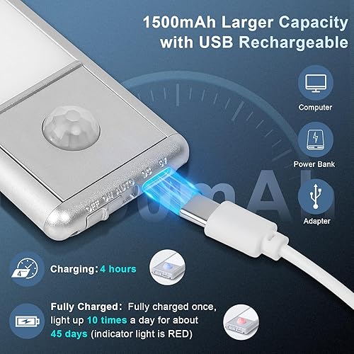 Miniatura 4 de VZZNN Paquete de 6 luces con sensor de movimiento para debajo del gabinete, 63 LED recargables para debajo del gabinete, luz inalámbrica, luz