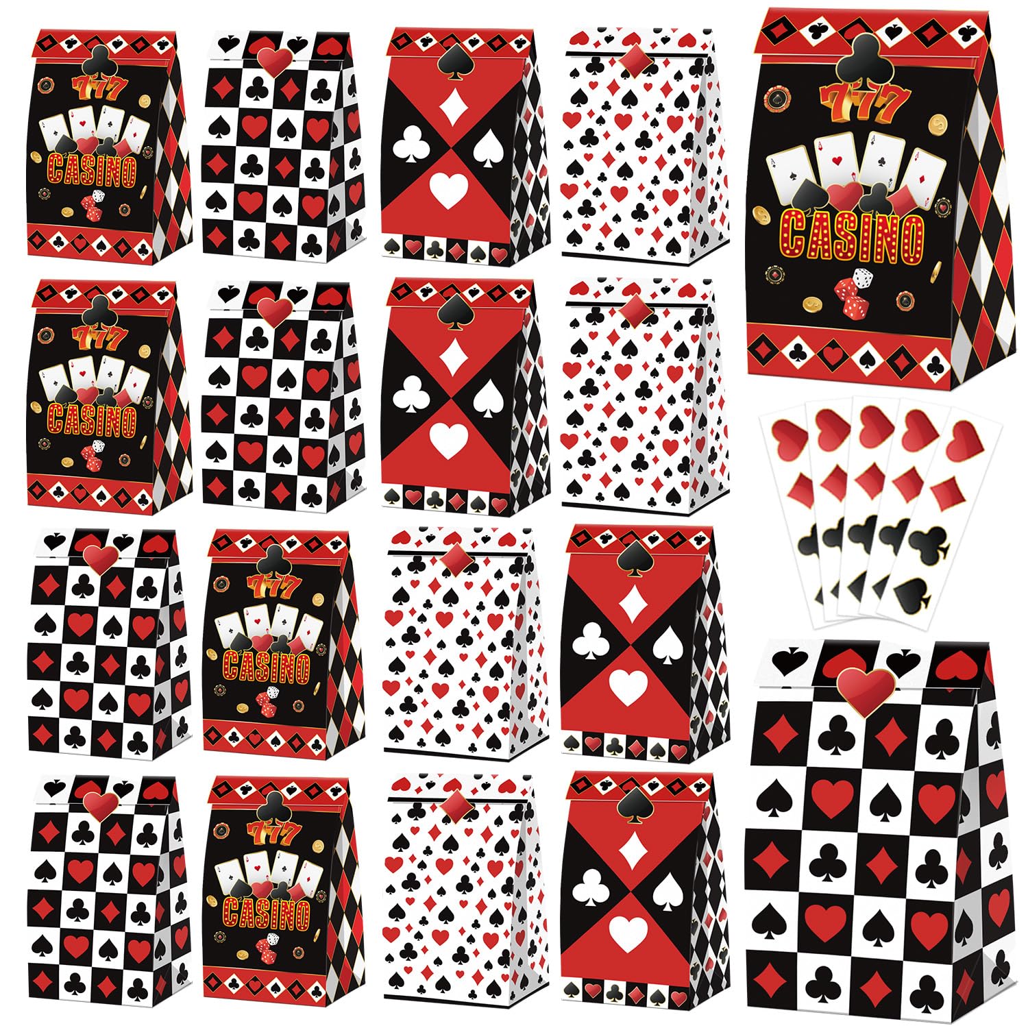 20 Pcs Casino Goodie Bags - Playing Card Party Favors Bag with Poker Stickers, Las Vegas Casino Gift Paper Bags, Poker Birthday Candy Treat Bag for Card Game Night Party Decorations