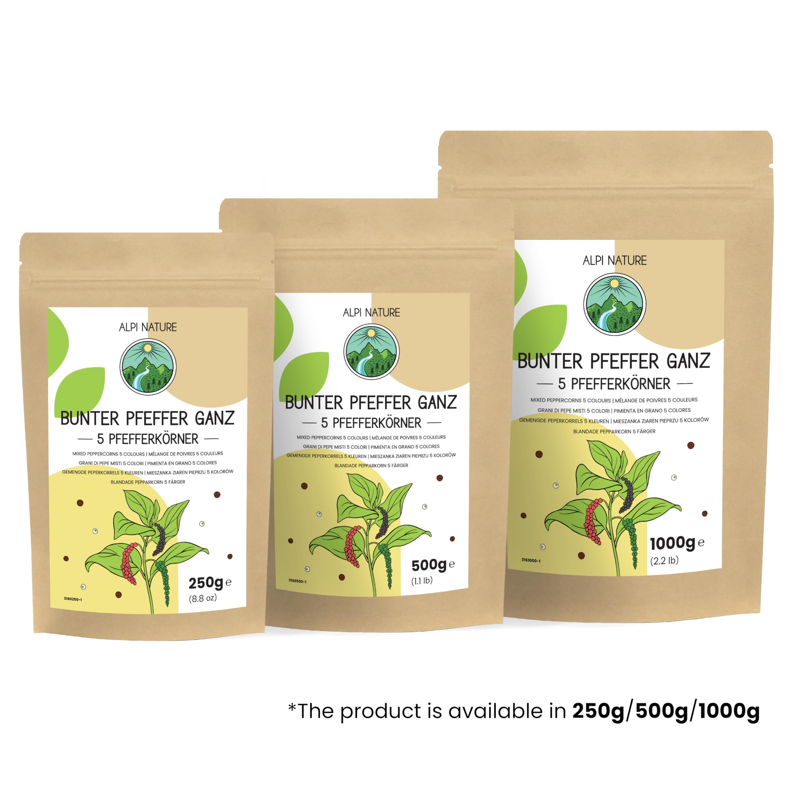 Alpi Nature Poivre 5 baies en grain 500g, Mélange d'Épices de 5 Couleurs, Poivre Noir, Blanc, Vert, Rose et Piment de la Jamaïque