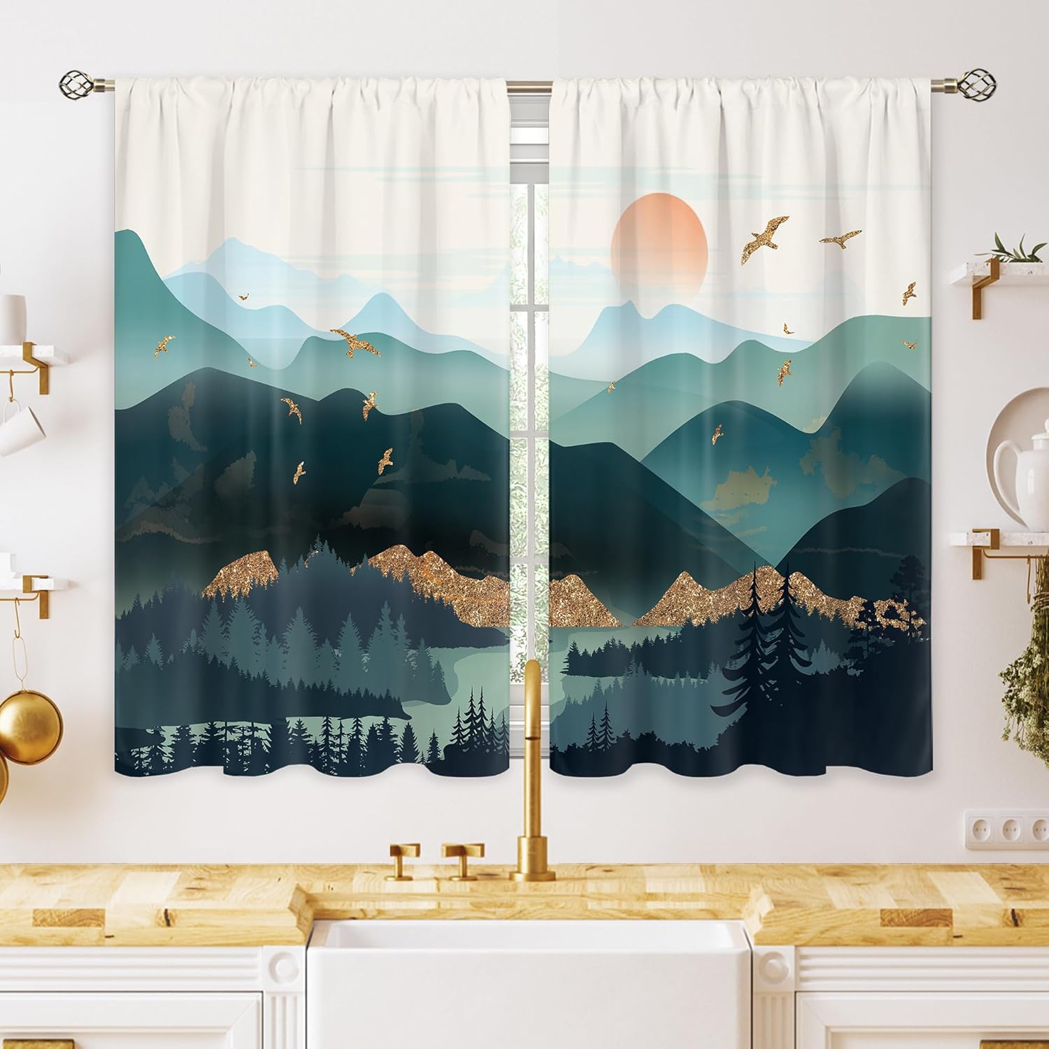 Green Boho Flower Small Kitchen Curtains Flower Plant Window Treatment Botanical Herb Chic Rod Pocket Cafe Short Window Curtains for Bathroom Dining Room Tier Treatment Drapes 27.5x39 inch