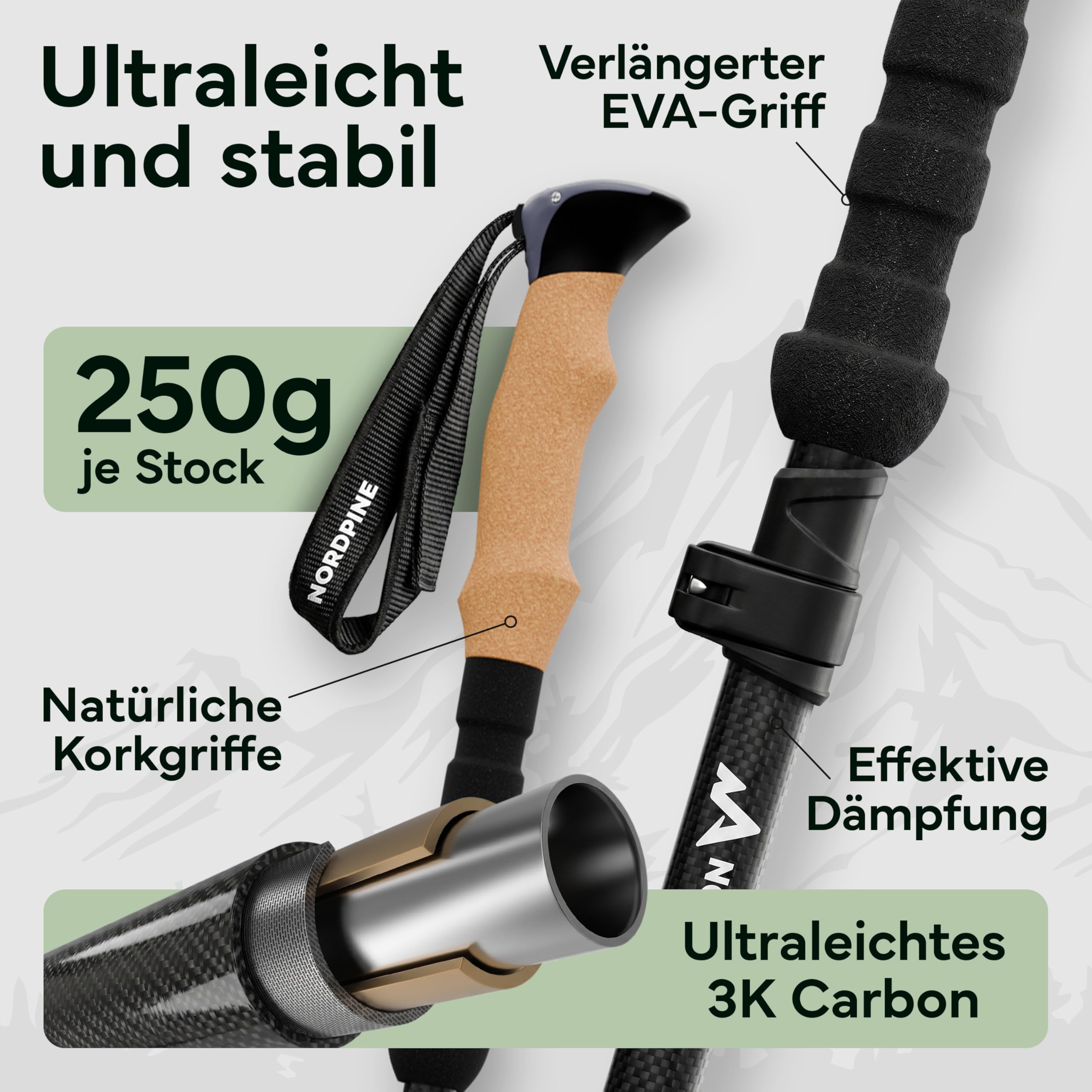 Wanderstöcke faltbar - Carbon & Aluminium für Damen & Herren - Ultraleichte Trekkingstöcke mit Korkgriff & Wolframspitze - Nordic Walking Stöcke mit Gummipuffer - Trekkingstöcke faltbar