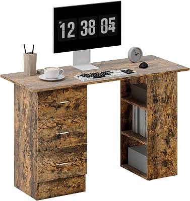 HOMCOM Computer Desk with Drawers, Home Office Desk, Writing Table, PC Workstation with 3 Storage Shelves for Working, Study, 120 x 49 x 72 cm, Rustic Brown