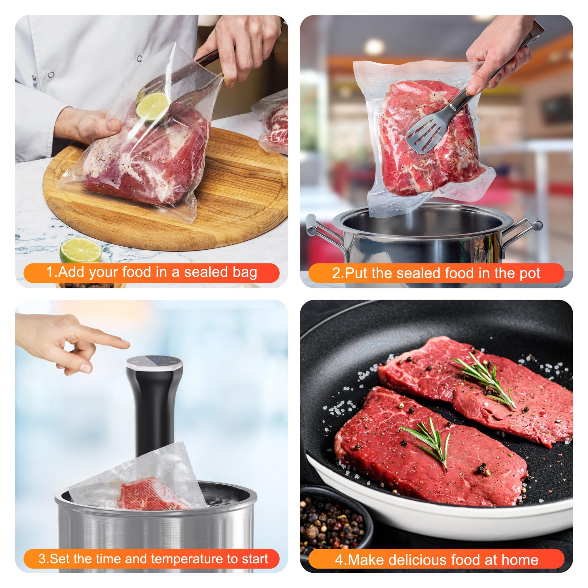 Sous-Vide Machine, 1400W Inmersión Térmica al Vacío con Control de la Temperatura, del Tiempo y Táctil, IPX7 Resistente al Agua, Pantalla LED, Cocedor al Baño María para Bistec y Carne