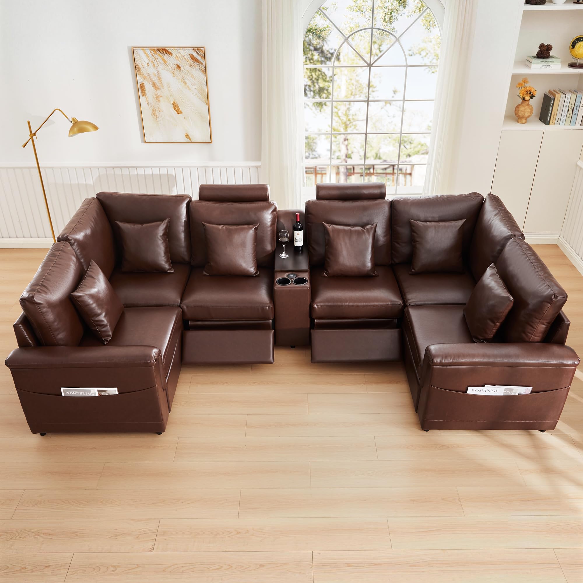 LEVNARY 6-Seat U Shaped Modular Sectional Sofa with Power Recliners, Upholstered Faux Leather Couch Storage Console with Charging Ports &amp; Cup Holders, Living Room Couch Set for Home Office (Brown)