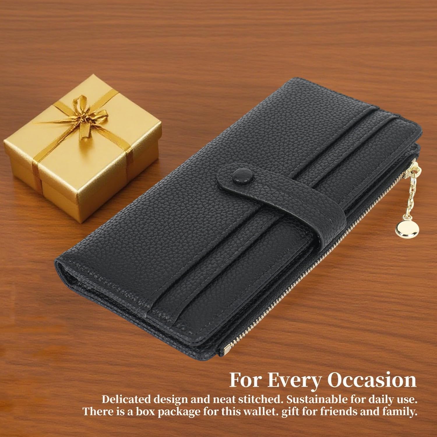 Thin Wallet for Women,PU Leather Bifold Credit Card Wallet,Compact Wallet with Large Clutch with Coin Purse,Smooth Zipper(Black, Long) - Image 9