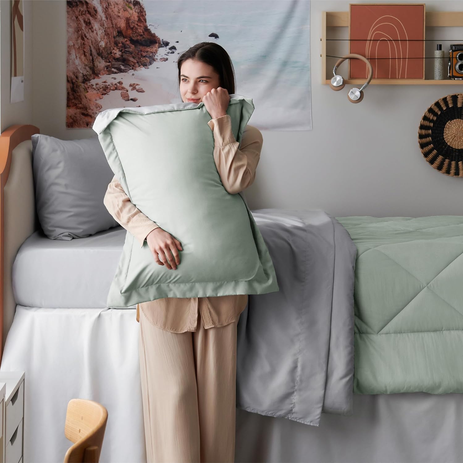  Twin XL Comforter - 5 Pieces Reversible Sage Green Bed in a Bag, Twin XL Bedding Comforter Set College Dorm Essentials with 1 Flat Sheet, 1 Fitted Sheet, 1 Pillowcase and 1 Pillow Sham thumbnail