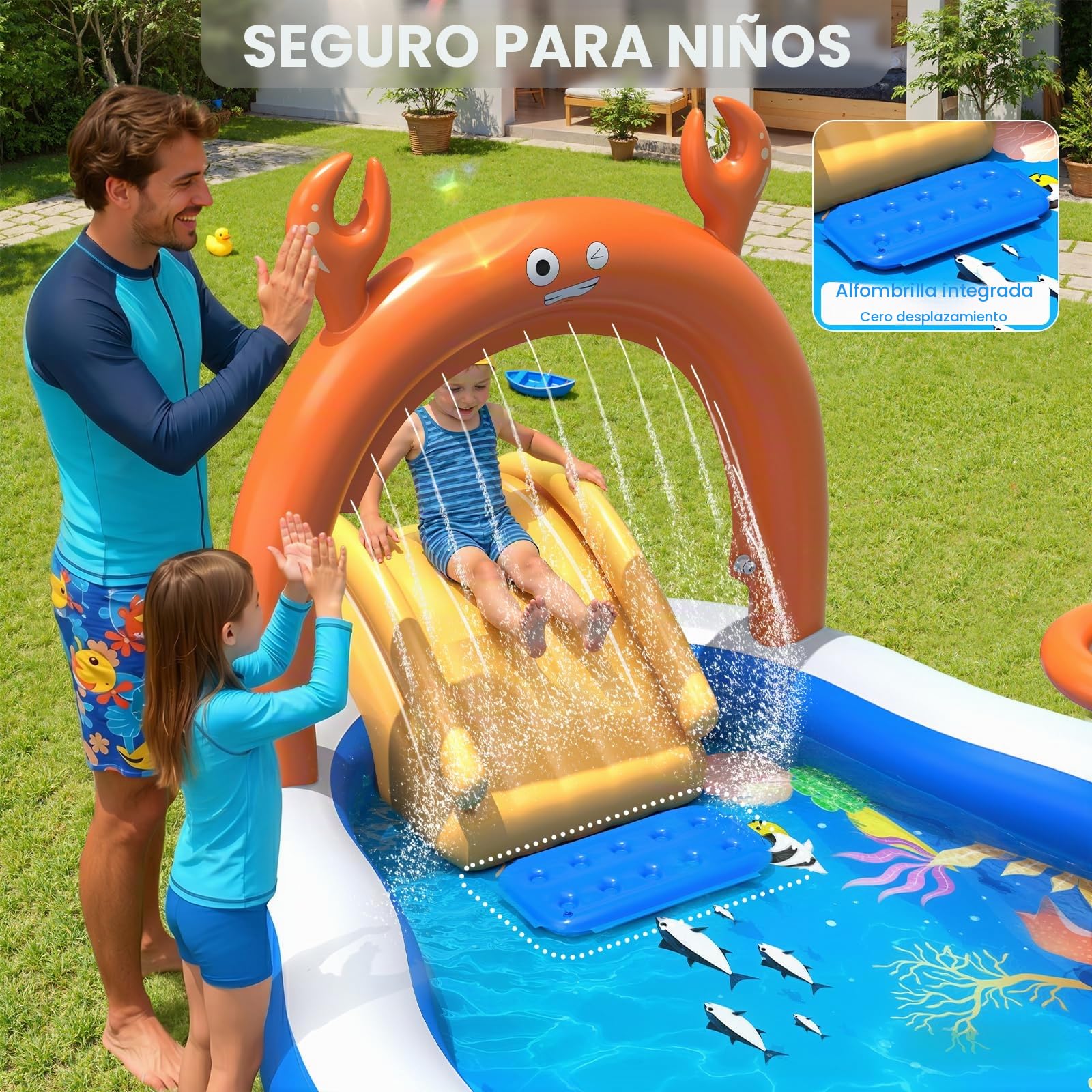 KingSom Piscina Infantil Hinchable, Juegos Hinchable Piscina para Niños con Tobogán, Rociador, Piscina Hinchable para Niños, Juegos de Aguas Exterior, Piscina Hinchable Familiar Jardín, 305x178x127 cm