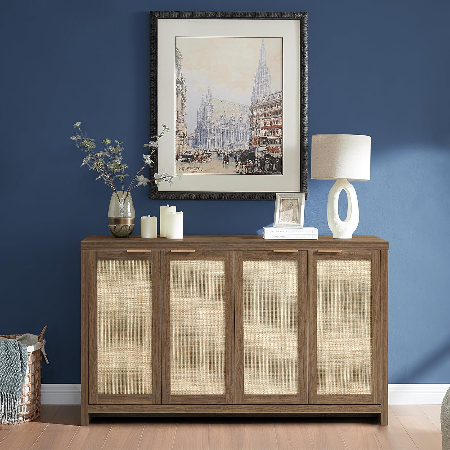 OAKHAM HOME Hampstead Rattan 4-Door Storage Sideboard Cabinet with Adjustable Shelves, Boho Accent Buffet Cupboard Console for Kitchen, Living Room, and Hallway