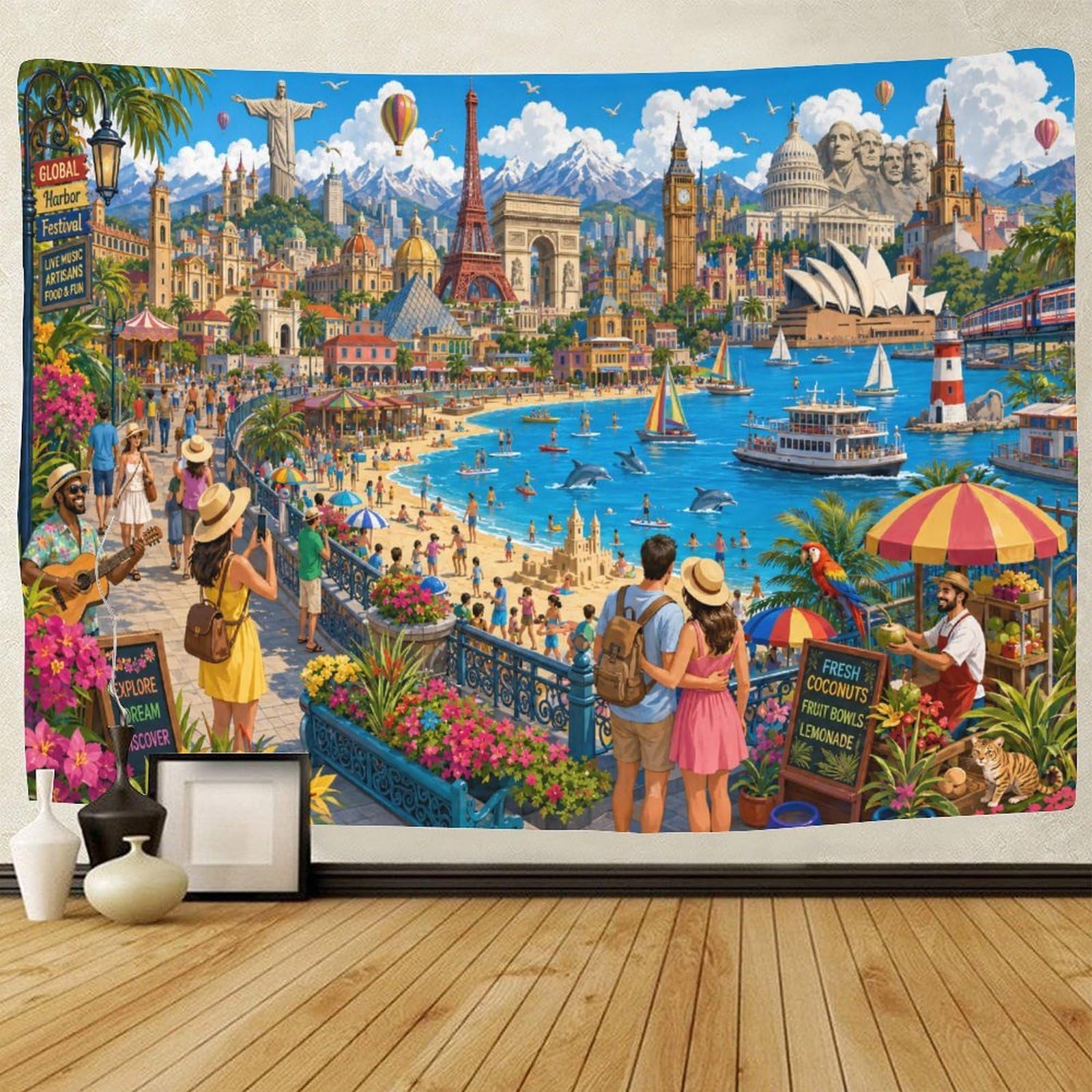 GPMNBCXZK World Famous Landmarks Collage Tapestry for Bedroom 3D Print Wall Art Decor Tapestries Poster Home Decoration Bedroom Living Room 150cmx200cm