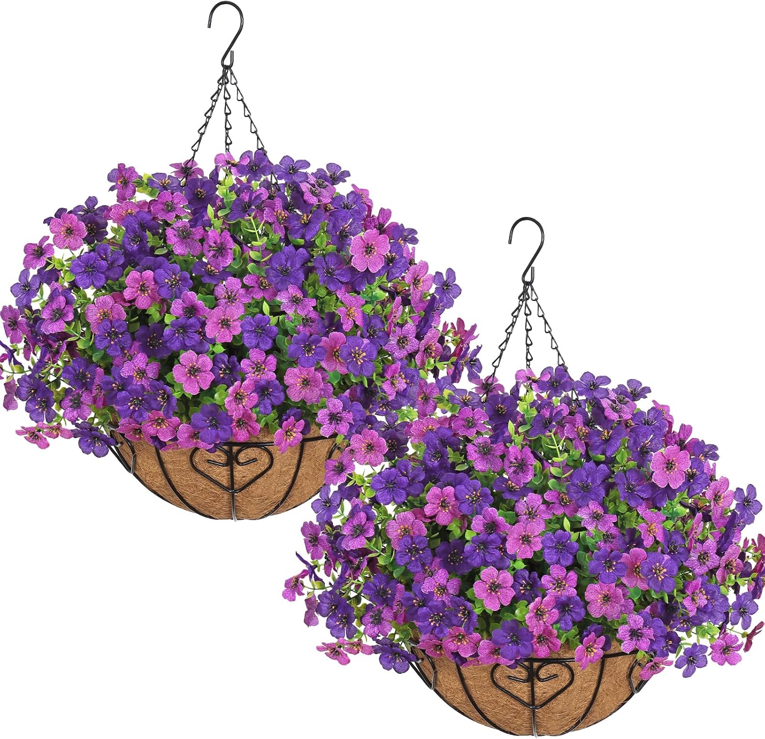 Alynsehom 2 Set Artificial Flowers with Hanging Basket, 2 Outdoor Hanging Plants with 24pcs Faux UV Resistant Fake Silk Azalea in Baskets for Porch Garden Patio Balcony Yard Home Decor(Mix Purple)