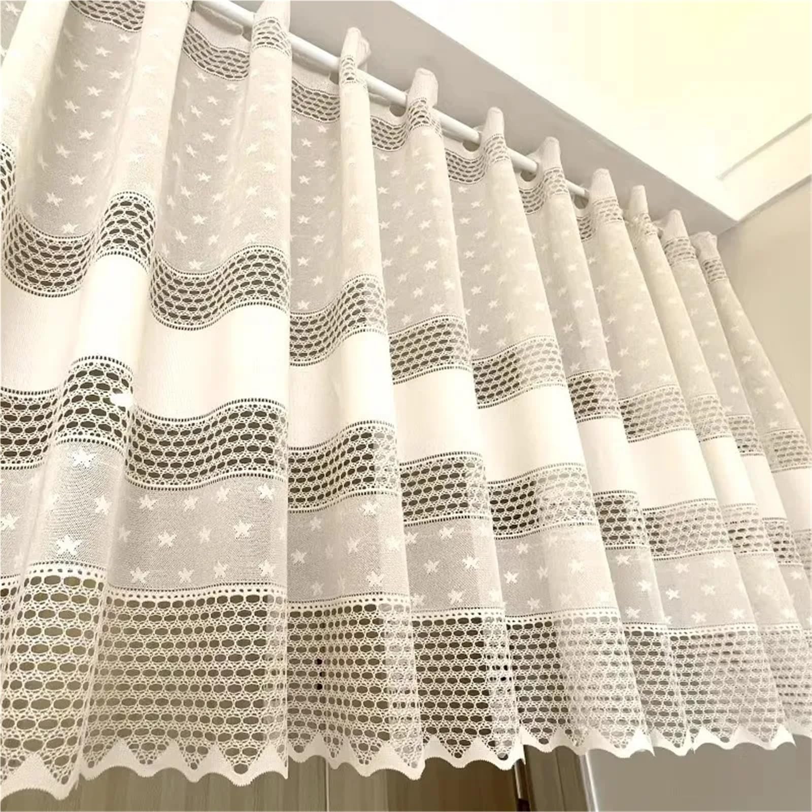 Tende Per Finestre Piccole Tenda da cucina corta beige in tulle for finestra, in pizzo traforato, mezza tenda caffè trasparente for copri-armadietto del soggiorno(W300cm x H60cm)