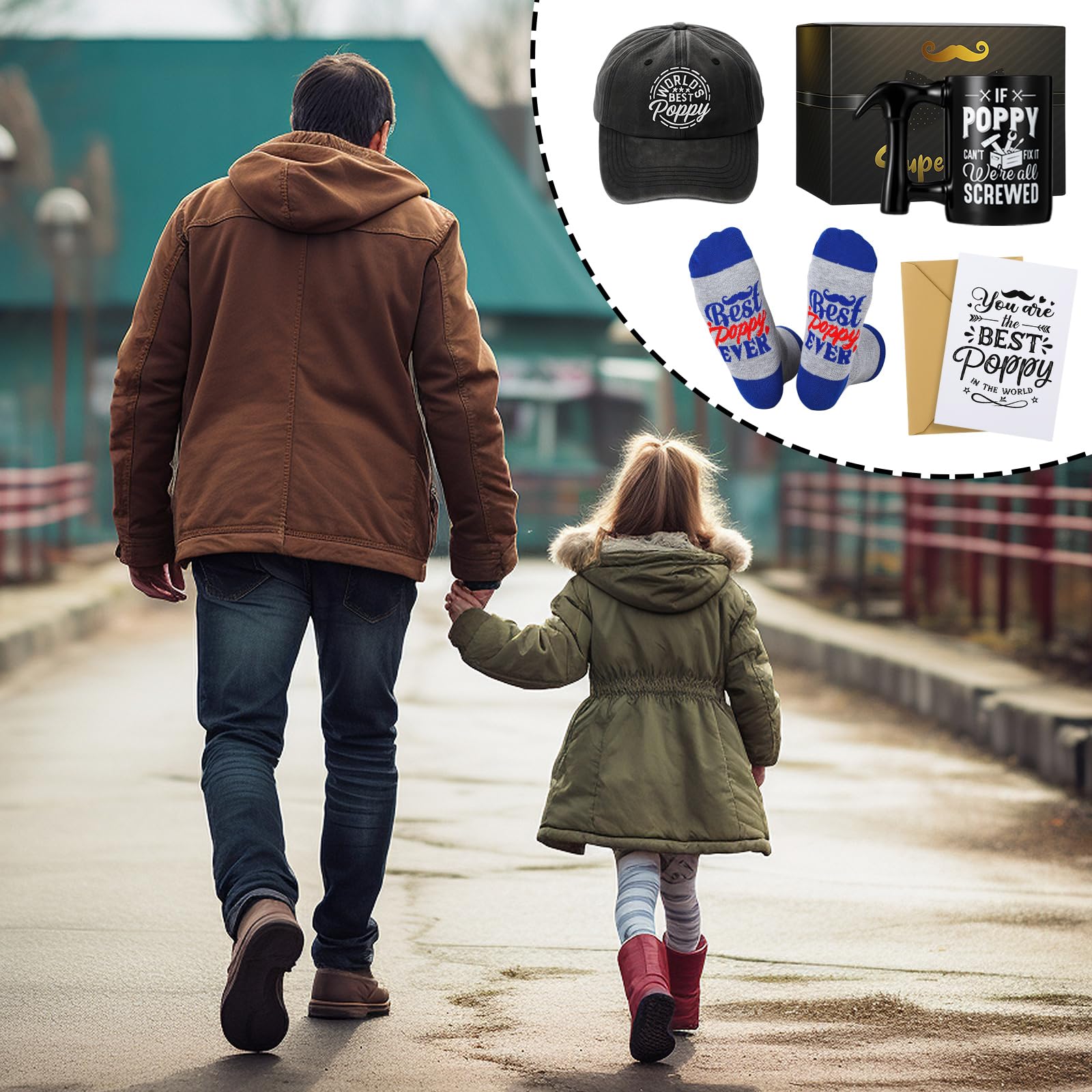 Bonuci 5 Pcs Poppy Gifts Set for Father's Day Christmas Include World's Best Poppy Embroidered Cap Crew Socks Coffee Mug with Hammer Handle Cards with Envelope Gifts Ideas for Father Dad Grandpa