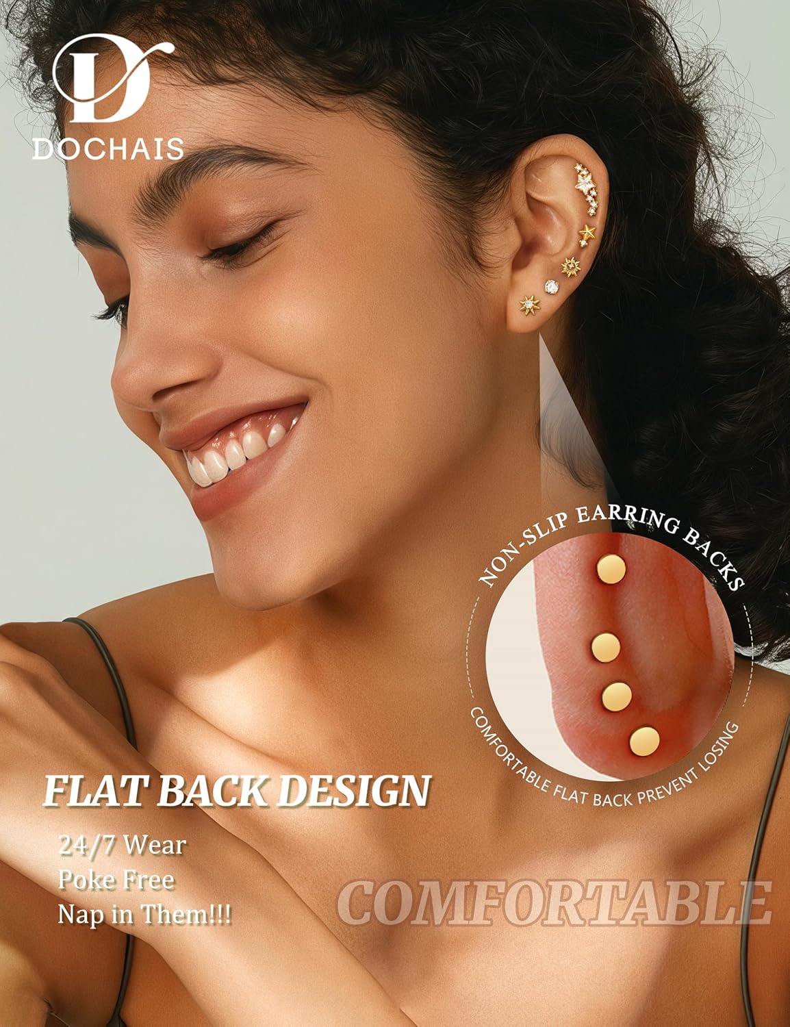 11 Single Piece 20G Cartilage Earrings for Women, Helix Piercing Jewelry, Surgical Steel 14 Gold Plated Flat Back Stud & Hoop, Stackable Earrings Set for Daith, Tragus, and Conch