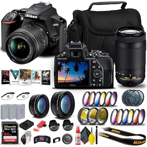 Nikon D3500 DSLR Camera with 18-55mm and 70-300mm Lenses (1588) + 64GB ExtremePro Card + 2 x EN-EL14a Battery + Corel Photo Software + Case + Telephoto Lens + More - International Model (Renewed)