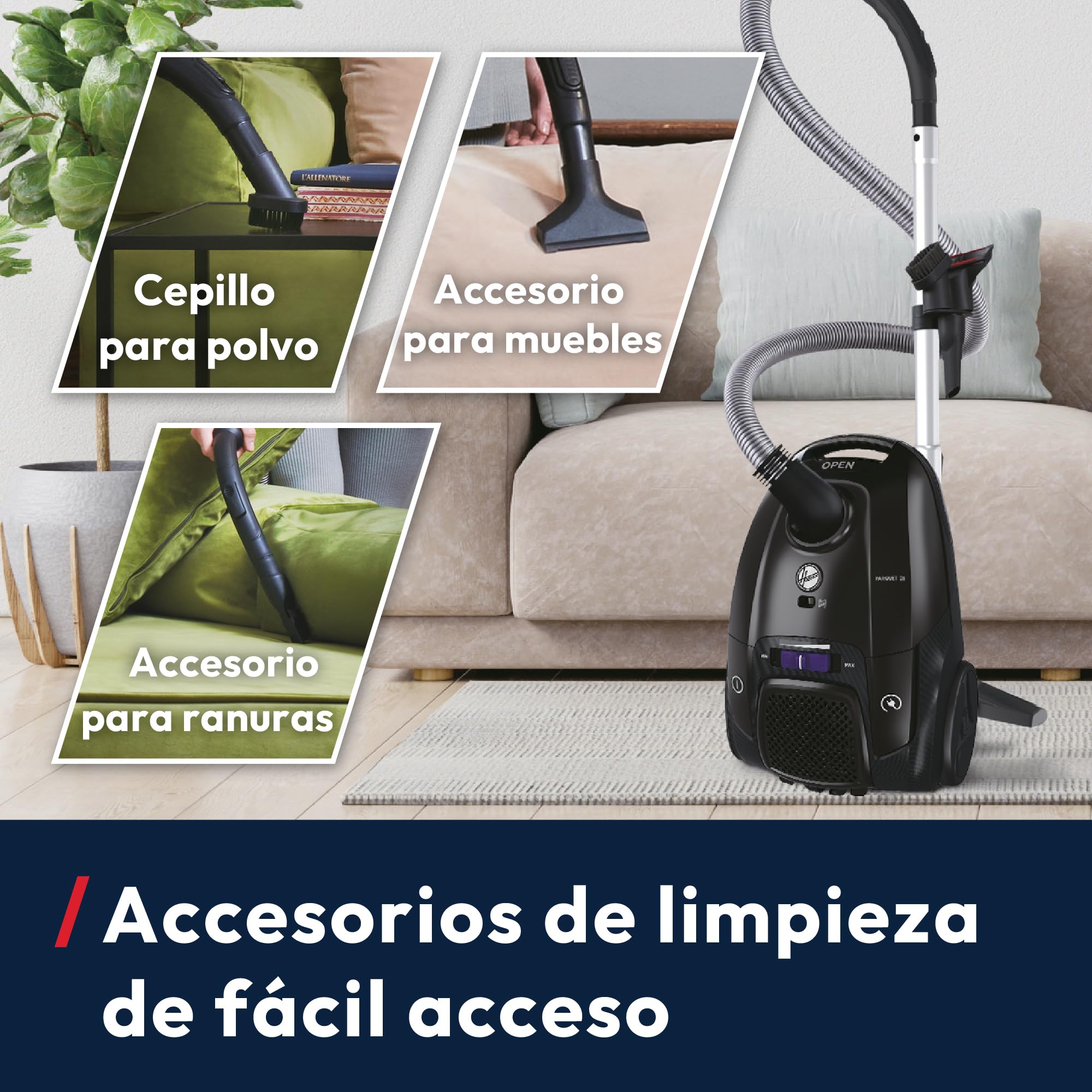 Hoover Telios – Aspirador con Bolsa: Compacto, silencioso (69 dBA), Bolsa de 3,5L, con Cable, Boquilla para parquet, Accesorios Integrados, Radio de acción de 9,6 m, Filtro EPA12 [TXLZ72HM]