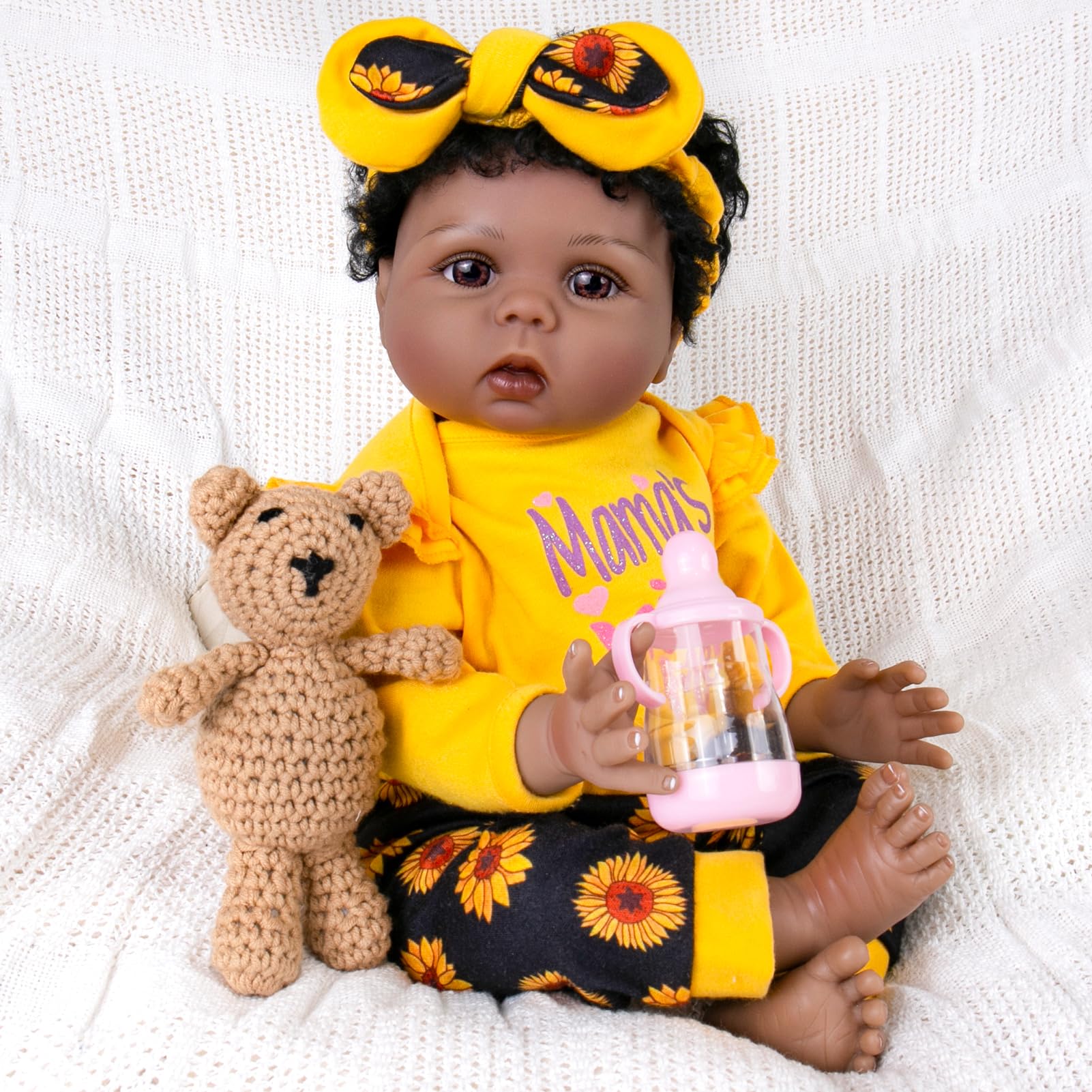 Lifelike Reborn Baby Dolls Black Girl, 22 Inch Realistic Reborn Doll African American Newborn Weighted Baby Dolls That Look Real with Teddy Toy and Sunflower Clothes Gift Set for Ages 3+