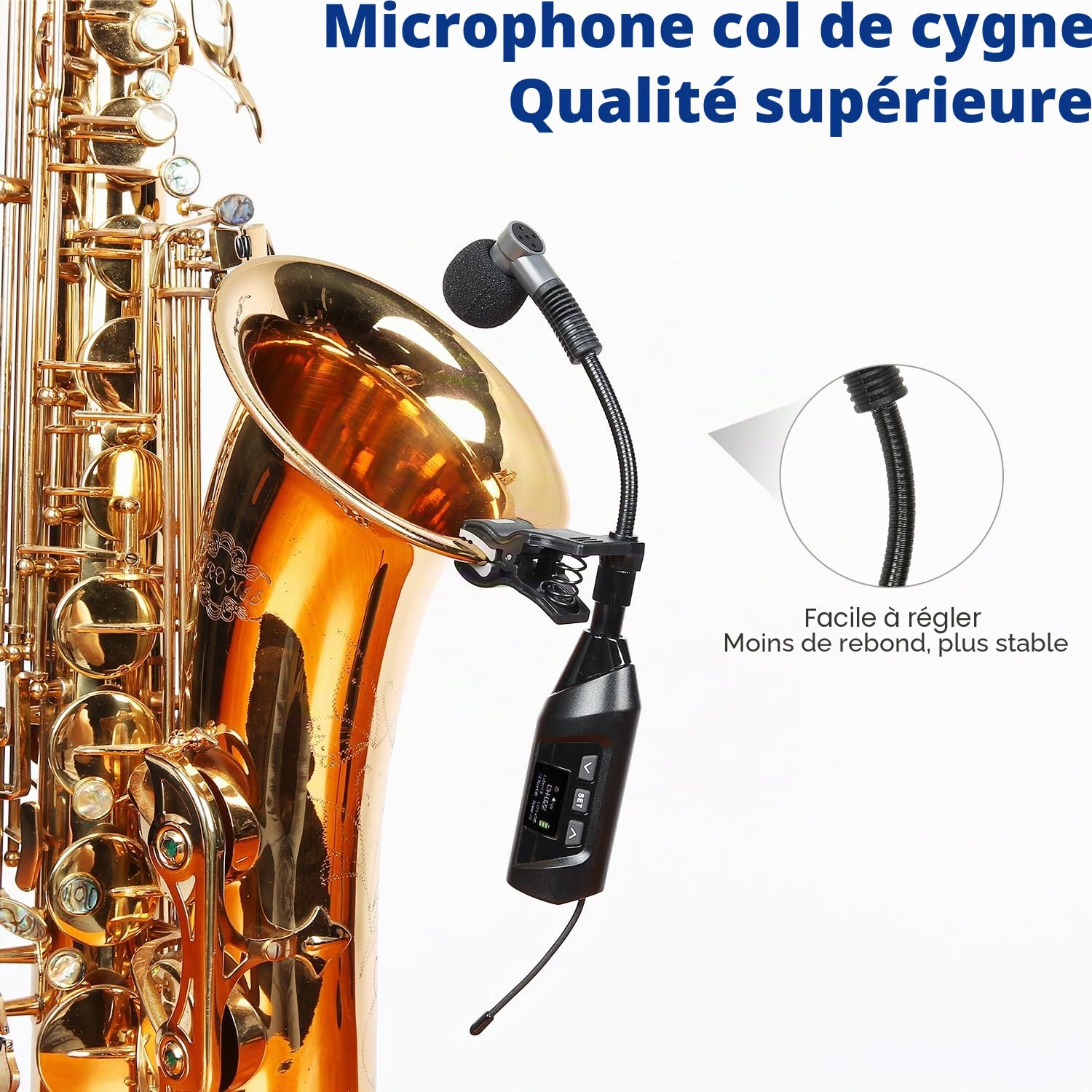 SGPRO microphones sans fil pour saxophone, microphone à clip pour sax et trompette, égaliseur préréglé et niveau d’écho, transmission de 5 m, rechargeable, émetteur et récepteur