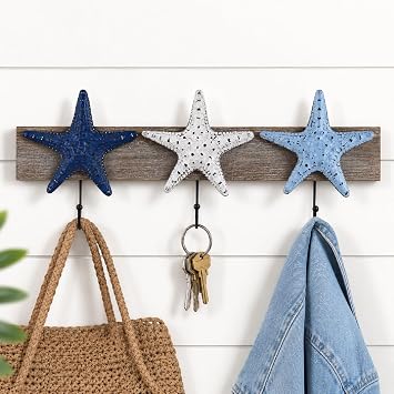 22" Wooden Rustic Starfish Nautical Coat Hook Bathroom Towel Hanger Hanging Plaque for Garden Indoor Outdoor Coat Rack Kitchen Coastal wall Decor