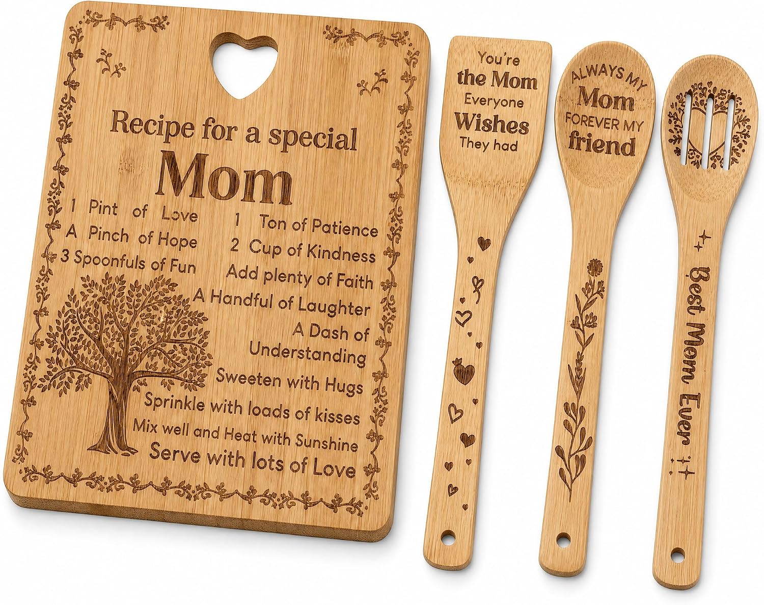 Mom Birthday Gifts Cutting Board, Laser Engraved Bamboo Kitchen Serving Tray with Heart Handle, Unique Personalized Birthday Gifts for Mom from Daughter or Son