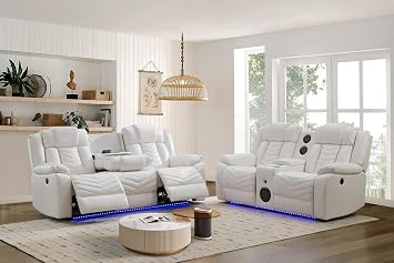 Power Reclining Sofa 2 Pcs Set with 0 Gravity Recliner for Living Room with Bass Speaker,Wireless Charger, Faux Leather Reclining Loveseat Recliner, Electric Couch Sofa, White