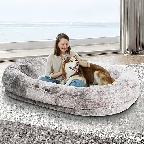 Cama humana grande para perros, cama ortopédica para perros adultos y mascotas con funda extraíble lavable, asa y bolsillos, manta de regalo y
