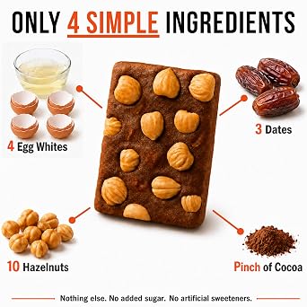 PROTABAR Egg White Protein Bars, 15g Protein, No Added Sugar, 12 Count | 4 simple ingredients: egg whites, dates, hazelnuts, and cocoa