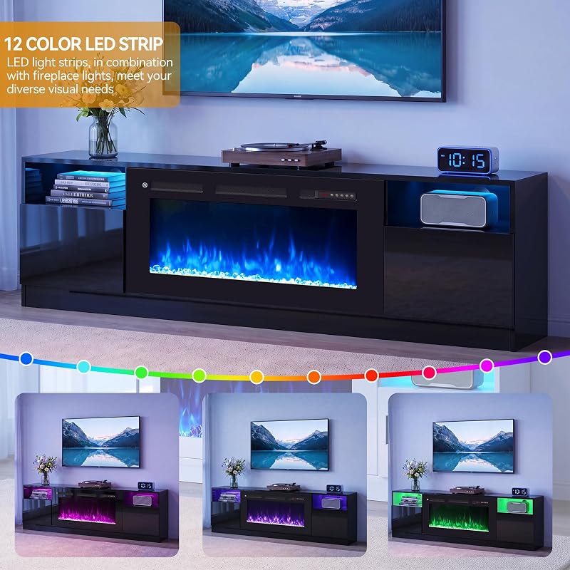 MXV 70" Fireplace TV Stand for TVs Up to 80", LED Light Entertainment Center with 36" Electric Fireplace, Modern Wood Texture TV Media Console with Highlight Storage Cabinet, Black-Black image 3