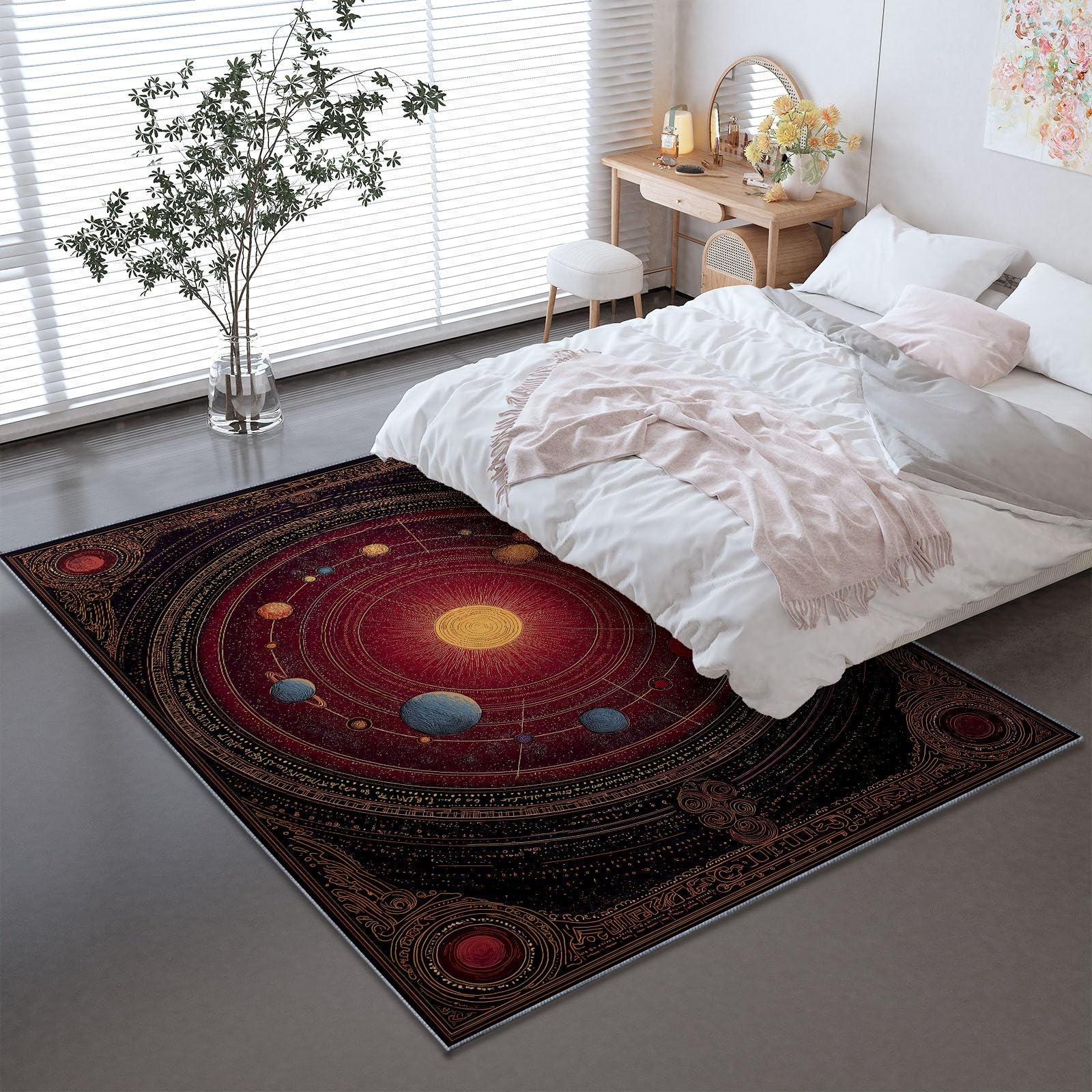Tapis de salon rose à poils courts motif planètes soleil fantaisie