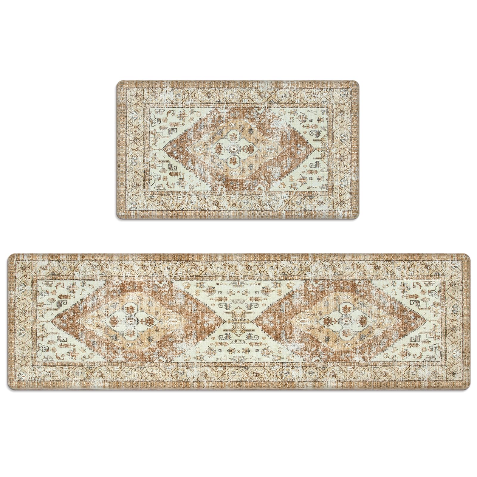 Sungea Anti Fatigue Kitchen Mats 2 PCS, Farmhouse Non-Slip Waterproof Cushioned Kitchen Rugs,Ergonomic Comfort Foam Standing Mat for Office,Laundry Room,Sink,Counter(Tan)