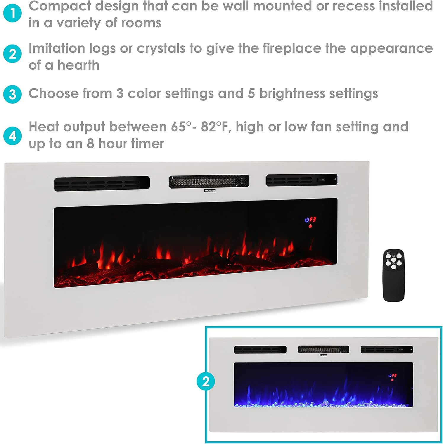 Sunnydaze White Indoor Electric Fireplace Insert - Wall-Mounted Electric Fireplace Heater with 3 Flame Colors - 50-Inch