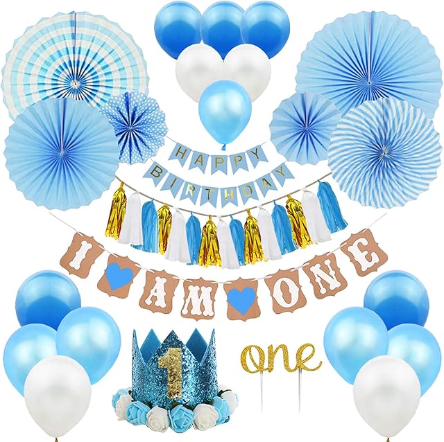 1st BIRTHDAY DECORATIONS for Boy - Baby First Birthday Party Blue Kit Set, Include Bunting Banner Balloons Hanging Paper Fan Flower Set and Cake Topper Flower Crown Tiara Cap Headband Paper Tassel