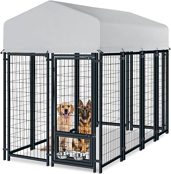 Oranland 8x4x6FT Outdoor Dog Kennel, Heavy Duty Welded Wire Steel Dog Kennel for Large Dogs with Secure Lock, Upgraded Heat Dissipation & Reflective Silver Waterproof Roof with 2 Rotating Dog Bowls