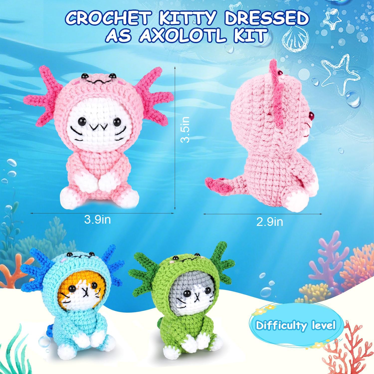 Crochet Kit for Beginners,3 PCS Axolotl Cat Crochet Kits with Step-by-Step Video Tutorials, Beginner Crochet Kit for Adults, Crochet Cat Dressed as Axolotl Set for Galentines Gifts