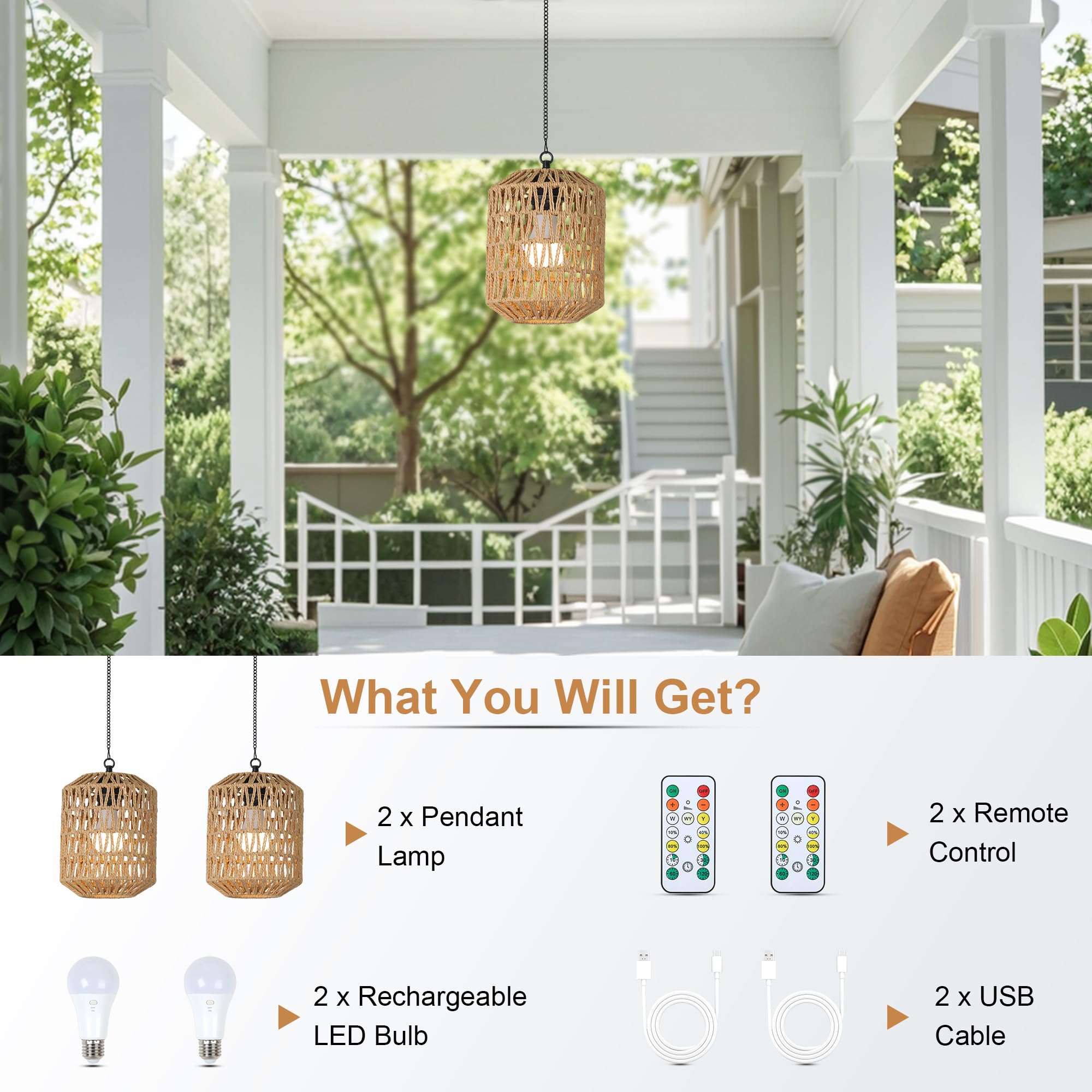 Rayofly 2 Pezzi Lampada a Sospensione Ricaricabile per Interni, Luce a Pendente Boho con Batteria, Lampada Pendente in Rattan senza Attacco Elettrico, Luci da Parco per Esterni con Bulbo e Telecomando