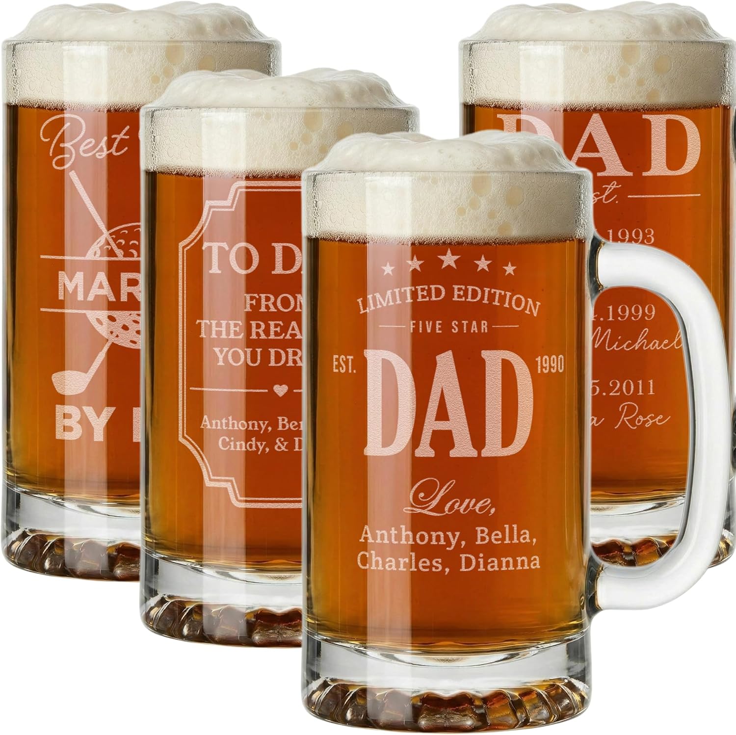 Personalized Beer Mug for Dad - Custom Engraved 16oz Stein Glass for Father’s Day - Birthday Gift for First Time Dad, Husband, Grandpa - Custom Mug for Him - Anniversary Present for Papa