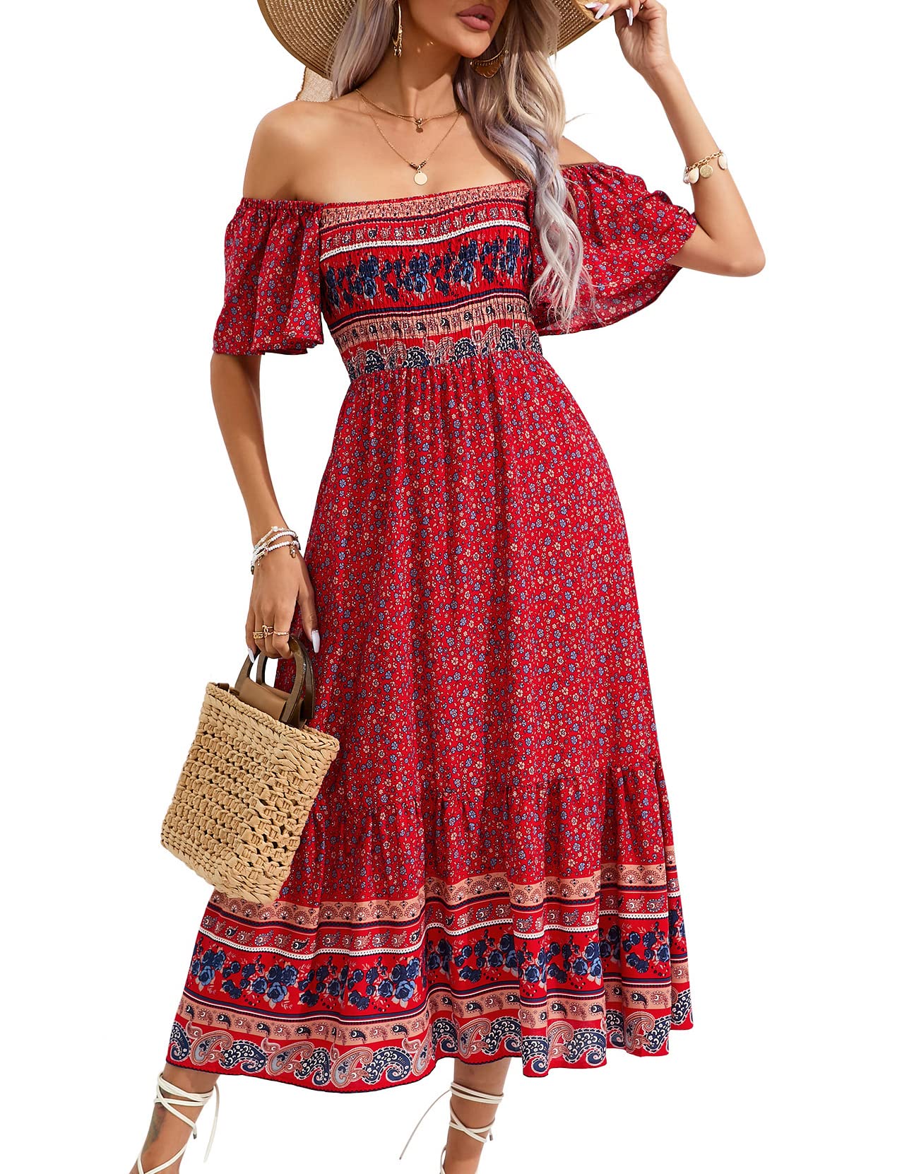 Clearlove Zomerjurk voor dames, boho, korte mouwen, midi-jurk, V-hals, strandjurk, lange bloemenjurk, ruches, vrijetijdsjurk met knopen, herbruikbare verpakking, XXL
