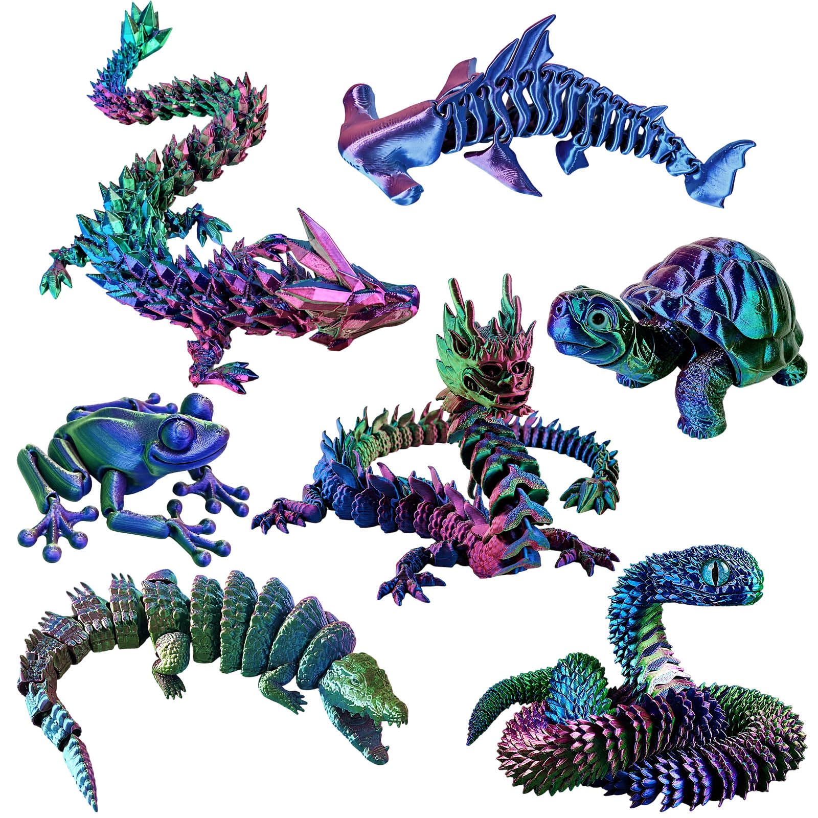 3D Printed Fidget, Desktop Decoration and Artistic Collection, 7-Piece Articulated 3D Printed Animals Set with Different Designs, Gift for Adult Collectors and Office Workers
